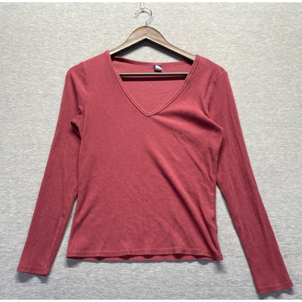 Old Navy Plush Shirt Womens Large Dark Pink Ribbed Knit Long Sleeve V-Neck Tee